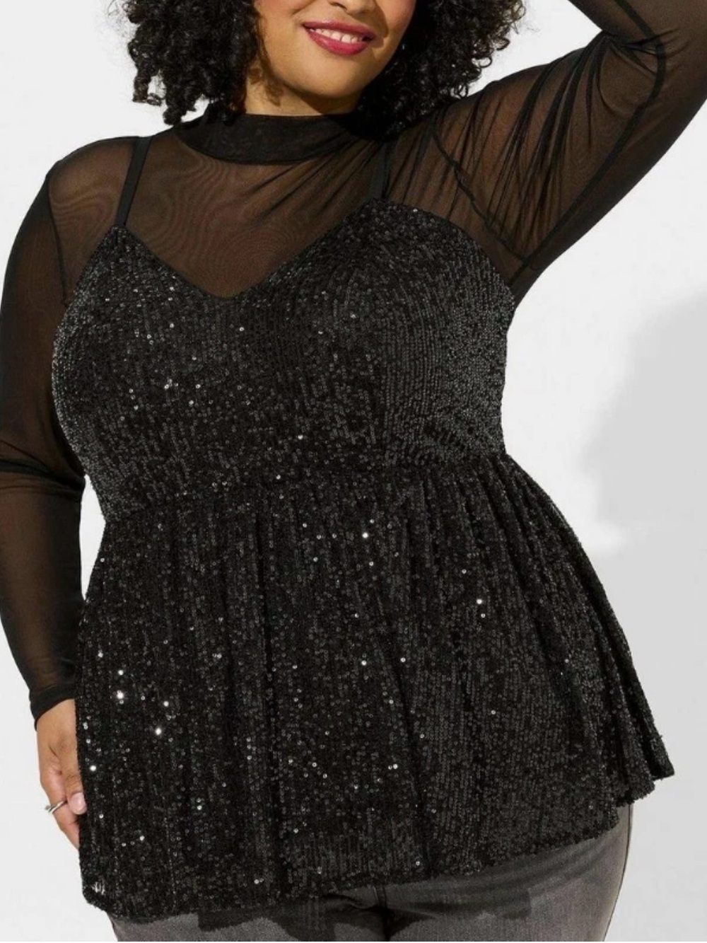NWT Torrid 1 (1X) Black Peplum Sequin V-Neck Adjustable Spaghetti Strap Tank
